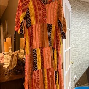 Uncle Frank Coral Pink Yellow Striped Tiered Dress